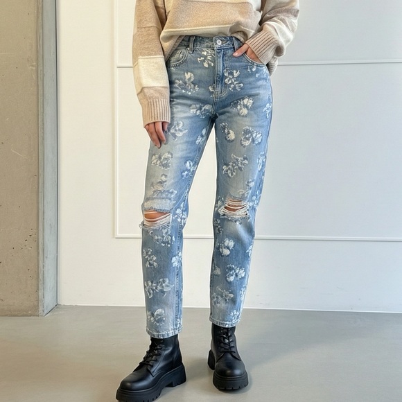 Zara Denim - Zara Blue Floral Distressed Boyfriend Jeans